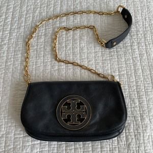 Tory Burch Reva Logo Black Crossbody Bag with Gold Chain